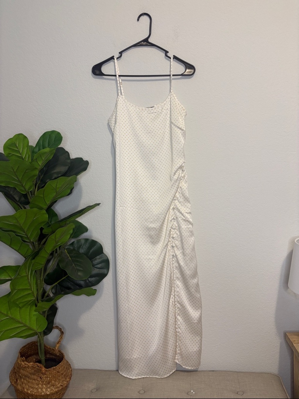 1. State White Polka Dot Satin Slip Dress with Side Ruching and button details 4